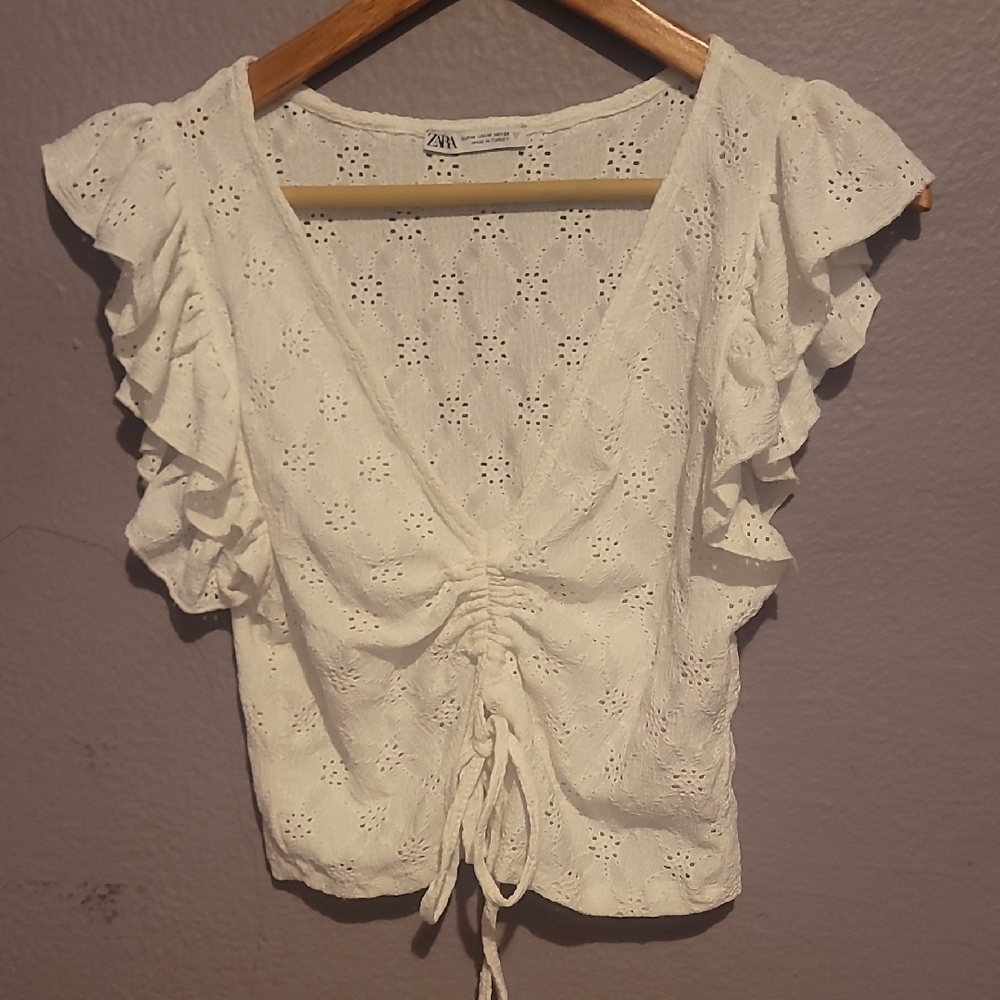 Zara Cream Eyelet Blouse with Ruffle Sleeves